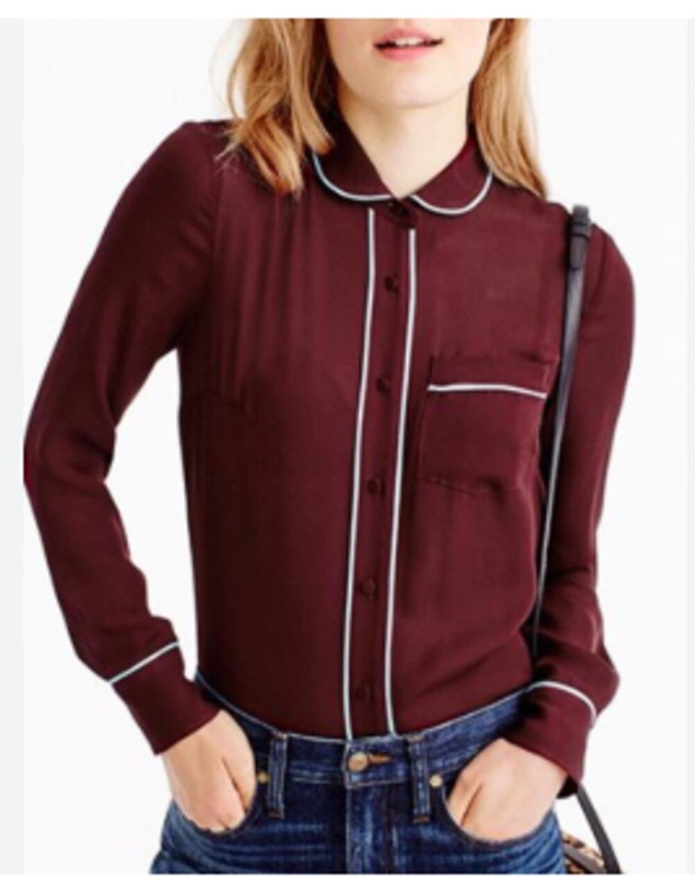 J.Crew 2 Silk Piped Shirt Blouse Burgundy Blue Piping Minimalist Button Up
